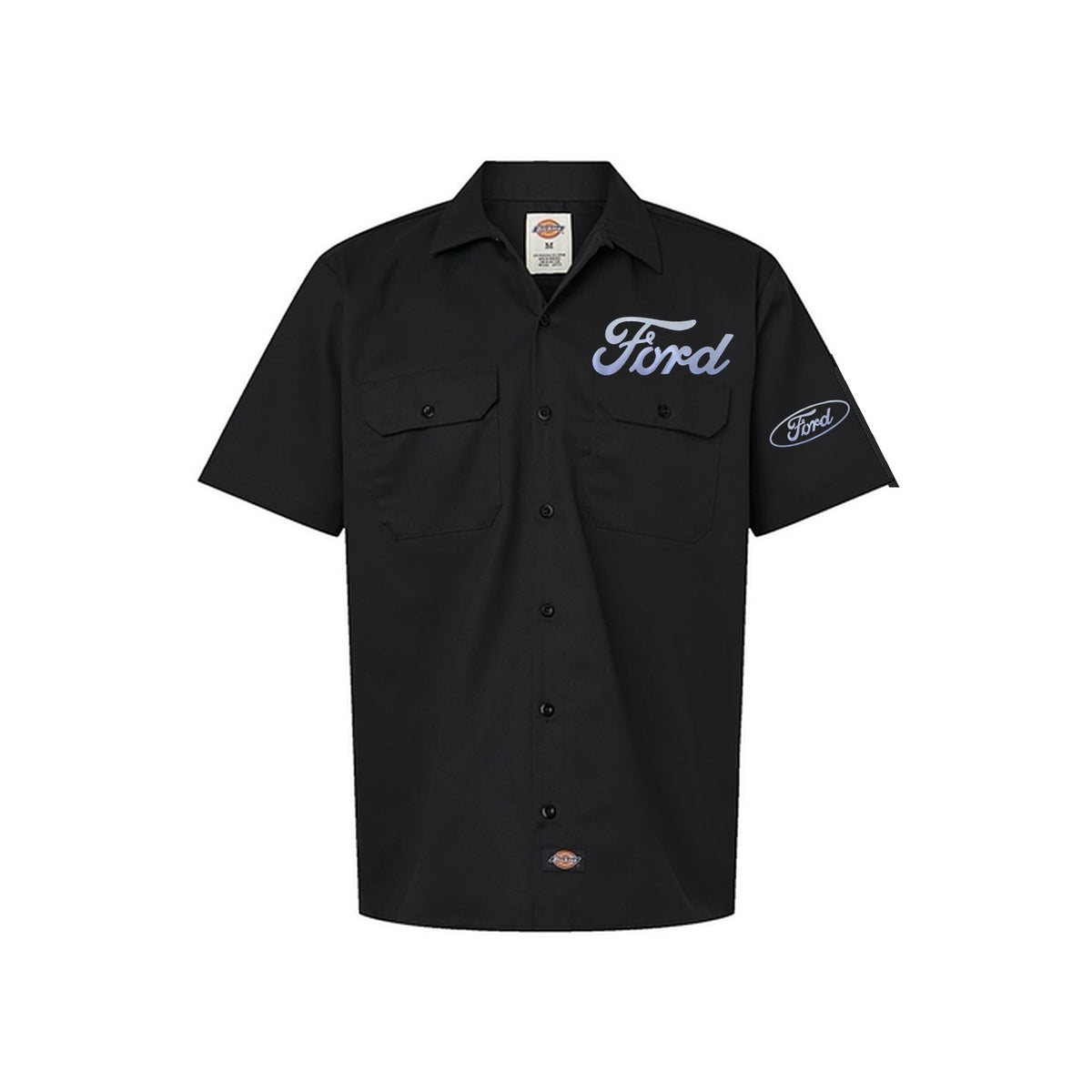 Ford Shop Shirt front - black Dickies work shirt with reflective Ford script on chest and Ford oval on sleeve